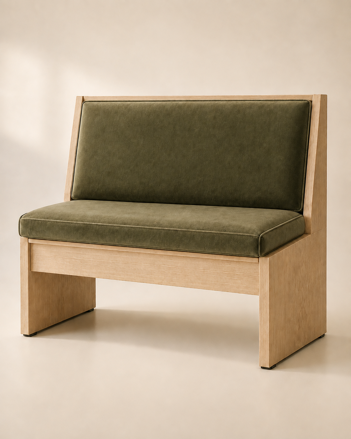 The Frame Bench concept in olive velour with natural oak side frames